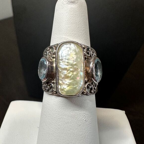 Genuine pearl and blue topaz in sterling silver ring! - Picture 12 of 13